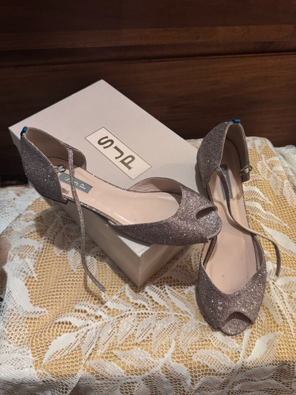Sparkle Peep-Toe Ankle Strap Heels in Glittery Taupe. Sarah Jessica Parker
